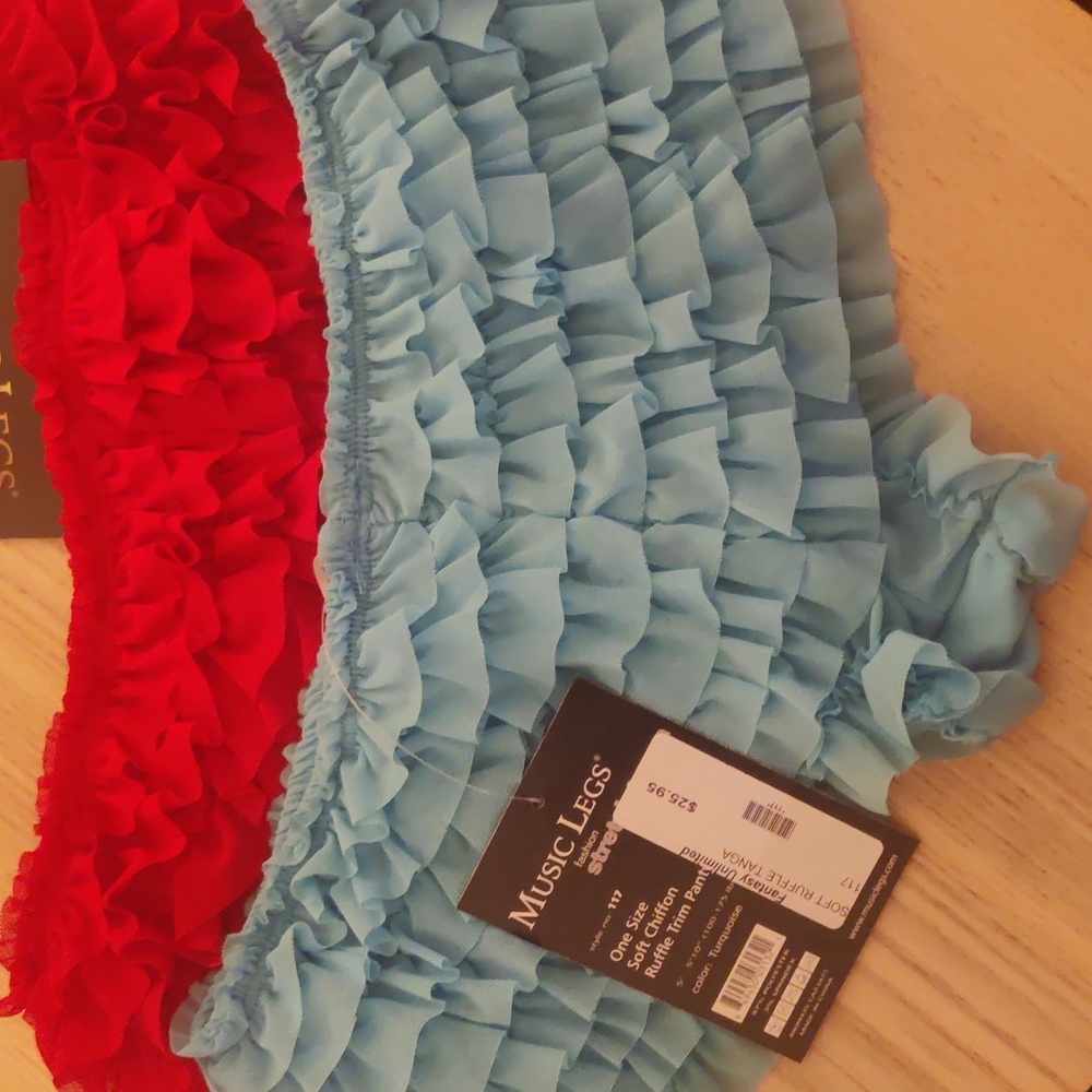 Two pairs of ruffled stretch tanga panties new with tags blue and red